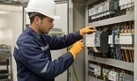 Técnico eléctrico revisando un tablero industrial